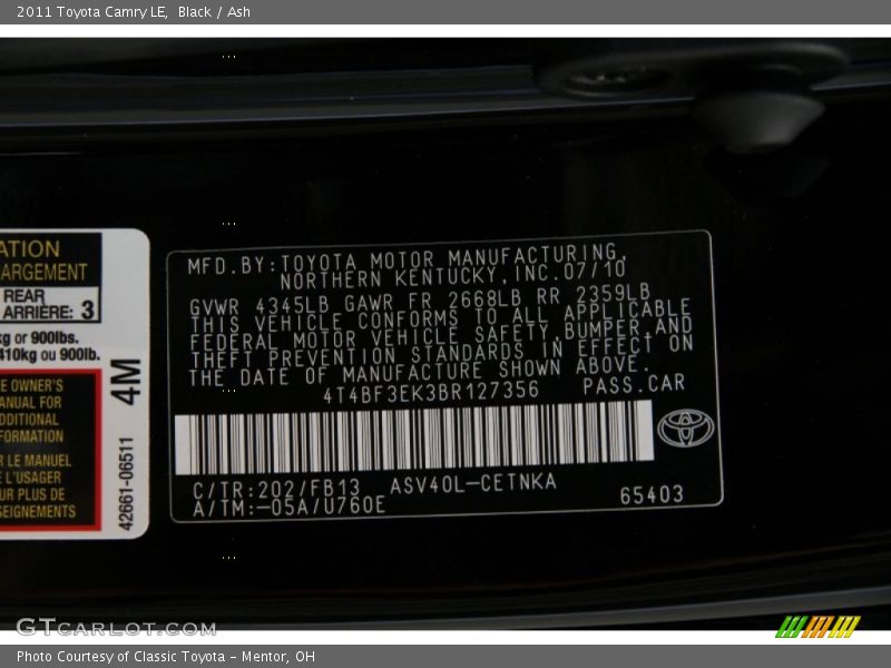 Black / Ash 2011 Toyota Camry LE