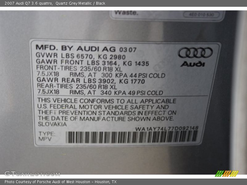 Quartz Grey Metallic / Black 2007 Audi Q7 3.6 quattro