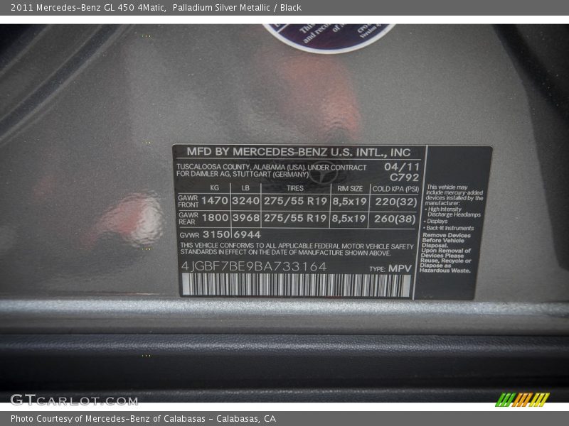 Palladium Silver Metallic / Black 2011 Mercedes-Benz GL 450 4Matic