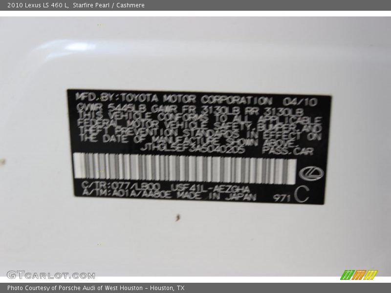 2010 LS 460 L Starfire Pearl Color Code 077
