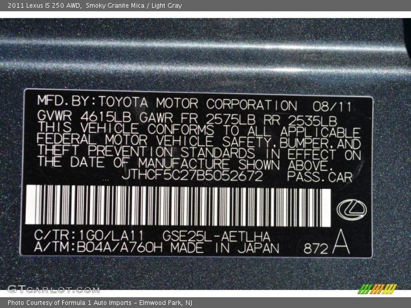 2011 IS 250 AWD Smoky Granite Mica Color Code 1G0