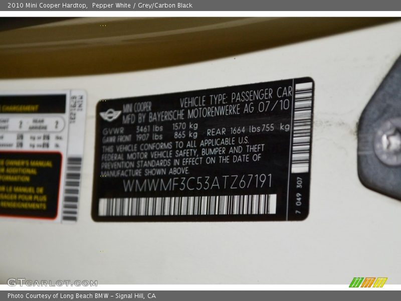 Pepper White / Grey/Carbon Black 2010 Mini Cooper Hardtop