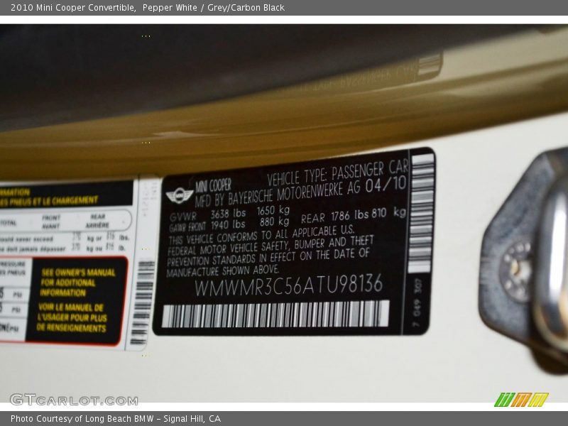 Pepper White / Grey/Carbon Black 2010 Mini Cooper Convertible