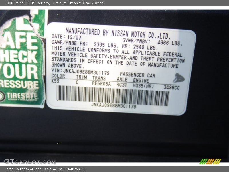Platinum Graphite Gray / Wheat 2008 Infiniti EX 35 Journey