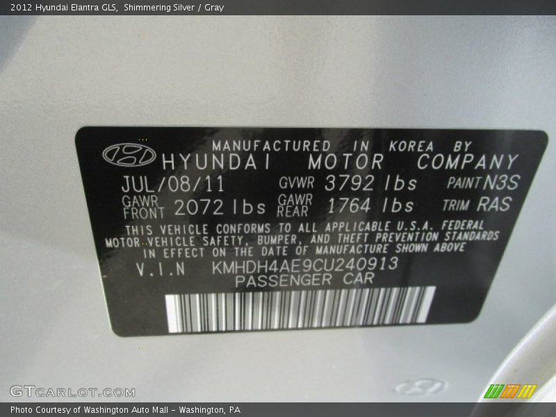 Shimmering Silver / Gray 2012 Hyundai Elantra GLS