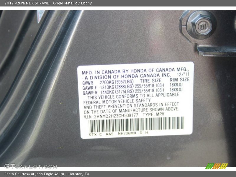 Grigio Metallic / Ebony 2012 Acura MDX SH-AWD