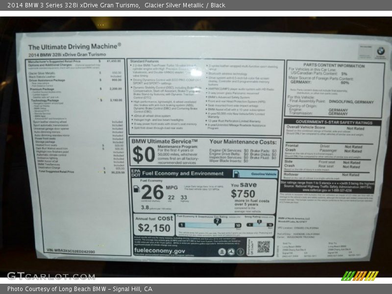  2014 3 Series 328i xDrive Gran Turismo Window Sticker