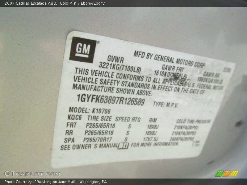 Gold Mist / Ebony/Ebony 2007 Cadillac Escalade AWD