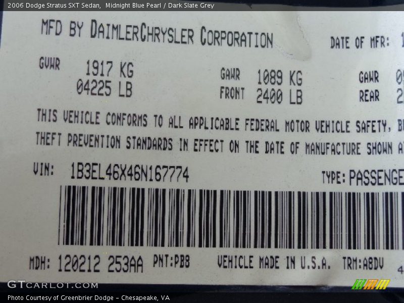 Midnight Blue Pearl / Dark Slate Grey 2006 Dodge Stratus SXT Sedan