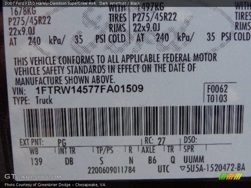 2007 F150 Harley-Davidson SuperCrew 4x4 Dark Amethyst Color Code PG