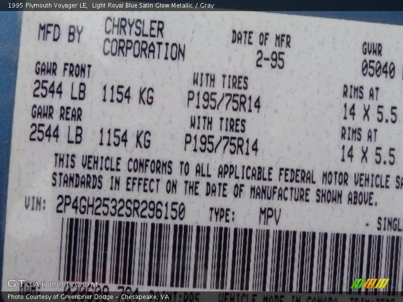 Light Royal Blue Satin Glow Metallic / Gray 1995 Plymouth Voyager LE