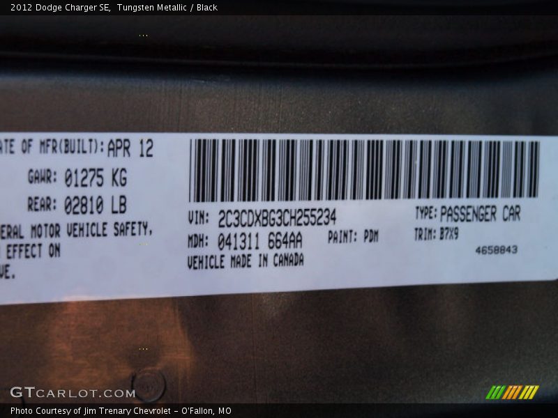 Tungsten Metallic / Black 2012 Dodge Charger SE