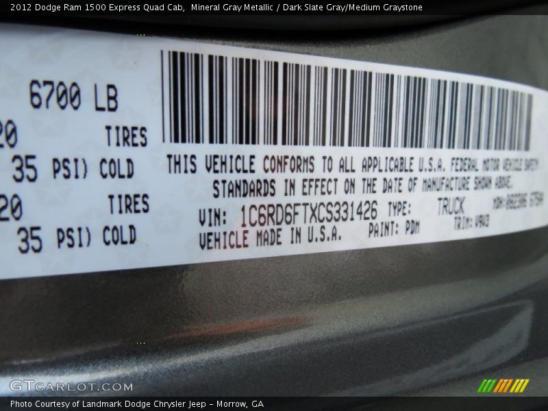 2012 Ram 1500 Express Quad Cab Mineral Gray Metallic Color Code PDM