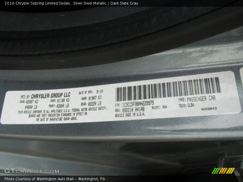 Silver Steel Metallic / Dark Slate Gray 2010 Chrysler Sebring Limited Sedan