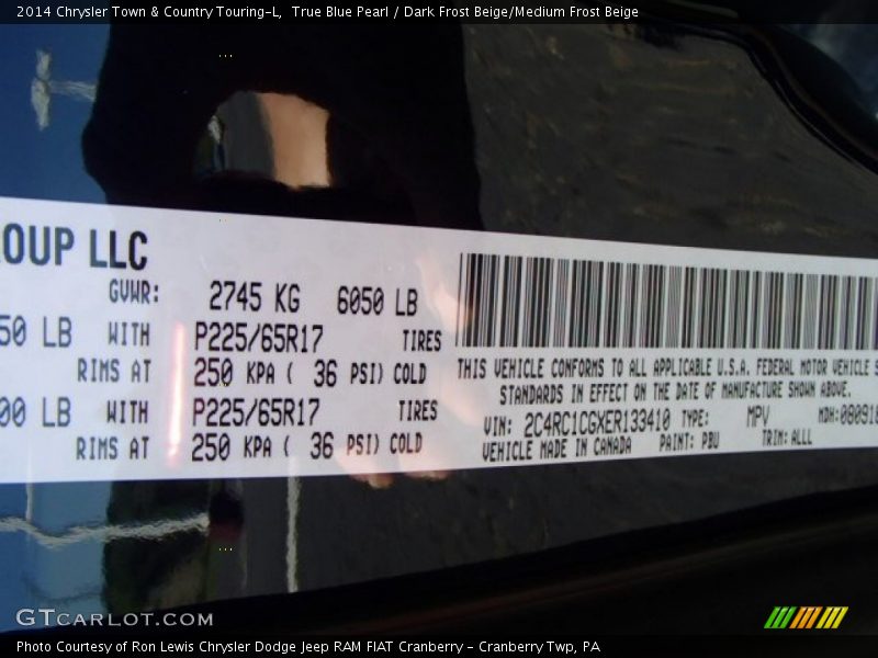 2014 Town & Country Touring-L True Blue Pearl Color Code PBU