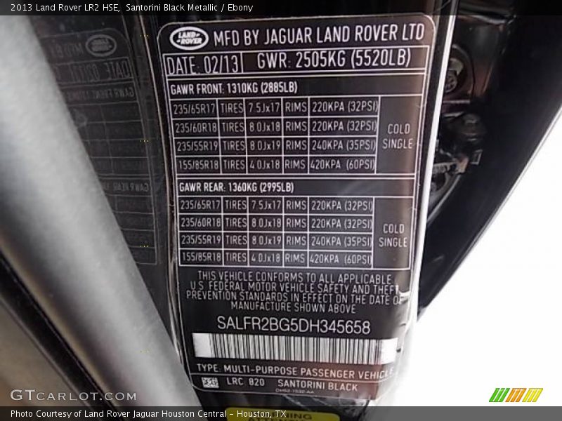 2013 LR2 HSE Santorini Black Metallic Color Code 820