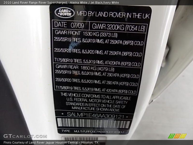 Info Tag of 2010 Range Rover Supercharged
