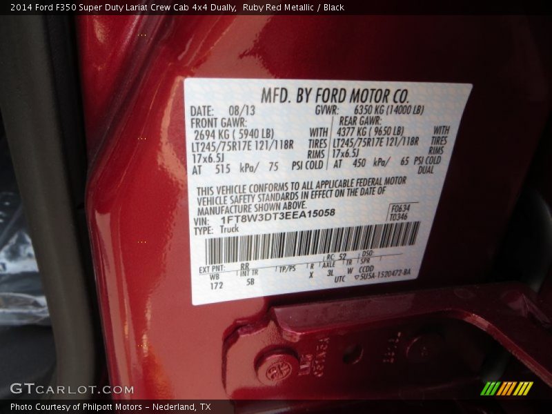 2014 F350 Super Duty Lariat Crew Cab 4x4 Dually Ruby Red Metallic Color Code RR
