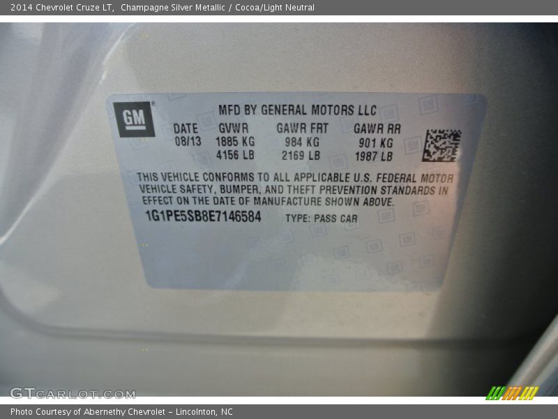 Champagne Silver Metallic / Cocoa/Light Neutral 2014 Chevrolet Cruze LT