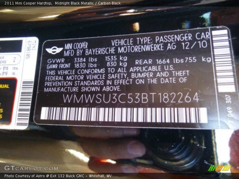 Midnight Black Metallic / Carbon Black 2011 Mini Cooper Hardtop
