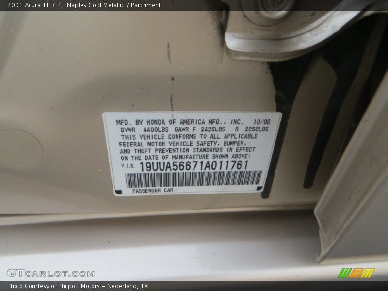 Naples Gold Metallic / Parchment 2001 Acura TL 3.2