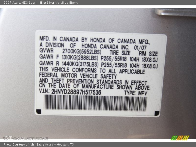 Billet Silver Metallic / Ebony 2007 Acura MDX Sport