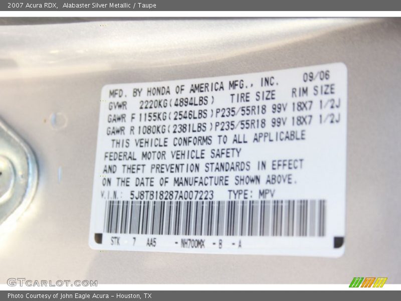 Alabaster Silver Metallic / Taupe 2007 Acura RDX