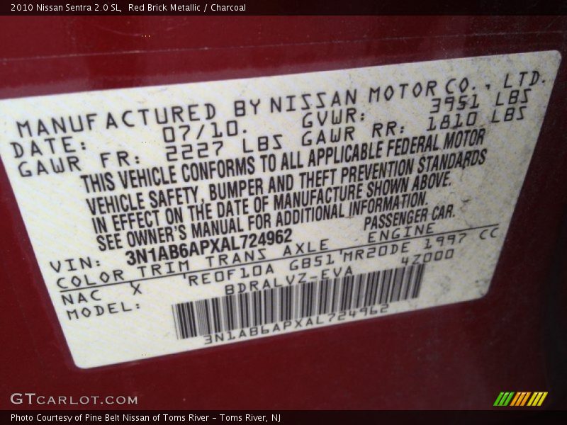 Red Brick Metallic / Charcoal 2010 Nissan Sentra 2.0 SL