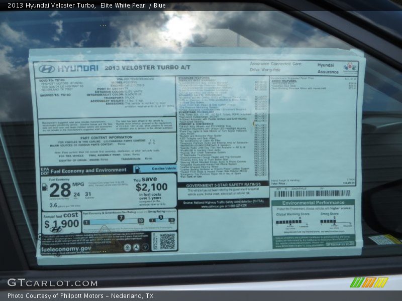 Elite White Pearl / Blue 2013 Hyundai Veloster Turbo