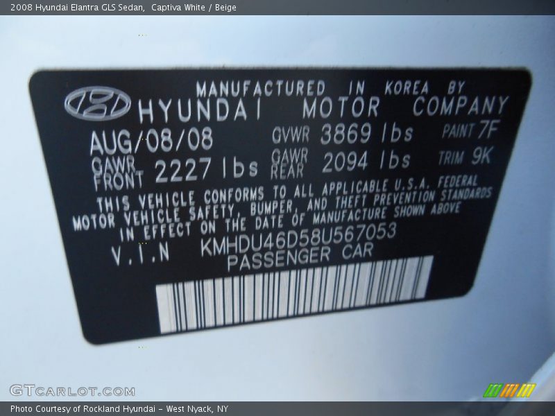 Captiva White / Beige 2008 Hyundai Elantra GLS Sedan