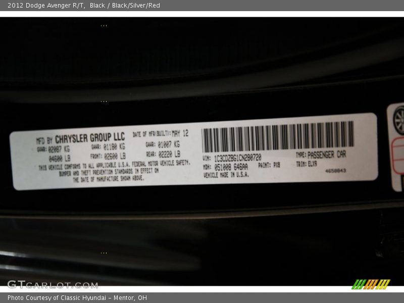 Black / Black/Silver/Red 2012 Dodge Avenger R/T