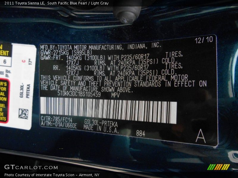 South Pacific Blue Pearl / Light Gray 2011 Toyota Sienna LE