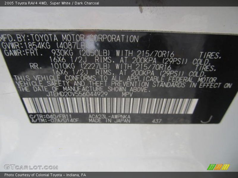 Super White / Dark Charcoal 2005 Toyota RAV4 4WD