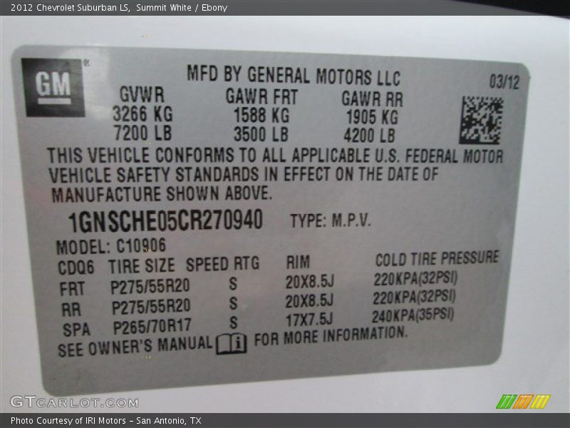 Summit White / Ebony 2012 Chevrolet Suburban LS