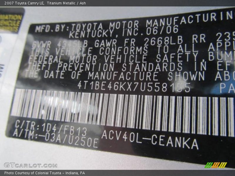 Titanium Metallic / Ash 2007 Toyota Camry LE