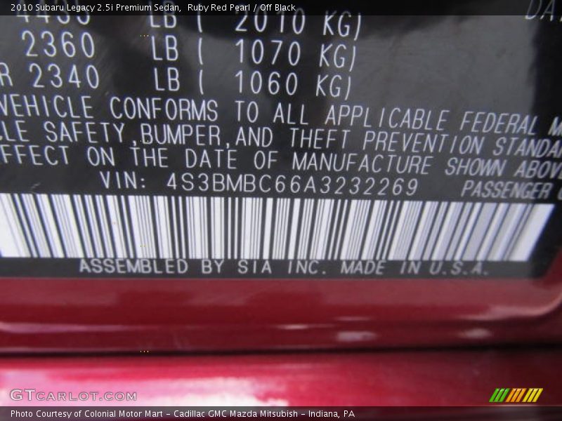 Ruby Red Pearl / Off Black 2010 Subaru Legacy 2.5i Premium Sedan
