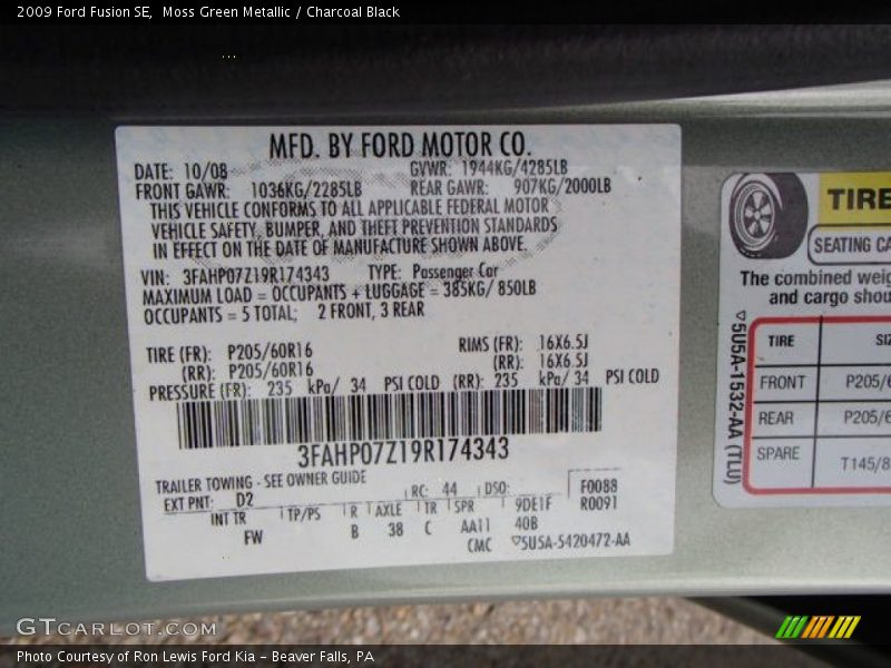 Moss Green Metallic / Charcoal Black 2009 Ford Fusion SE