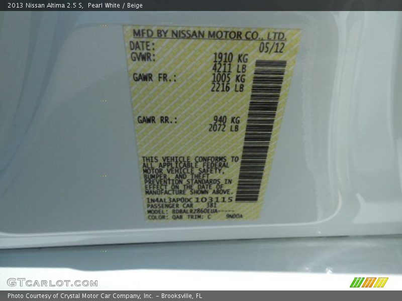 Pearl White / Beige 2013 Nissan Altima 2.5 S