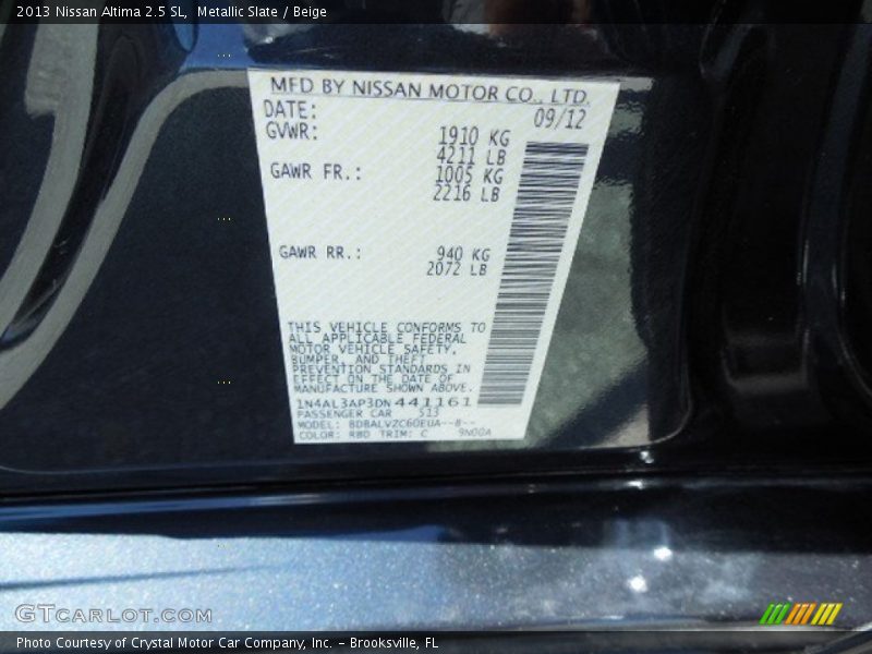 Metallic Slate / Beige 2013 Nissan Altima 2.5 SL
