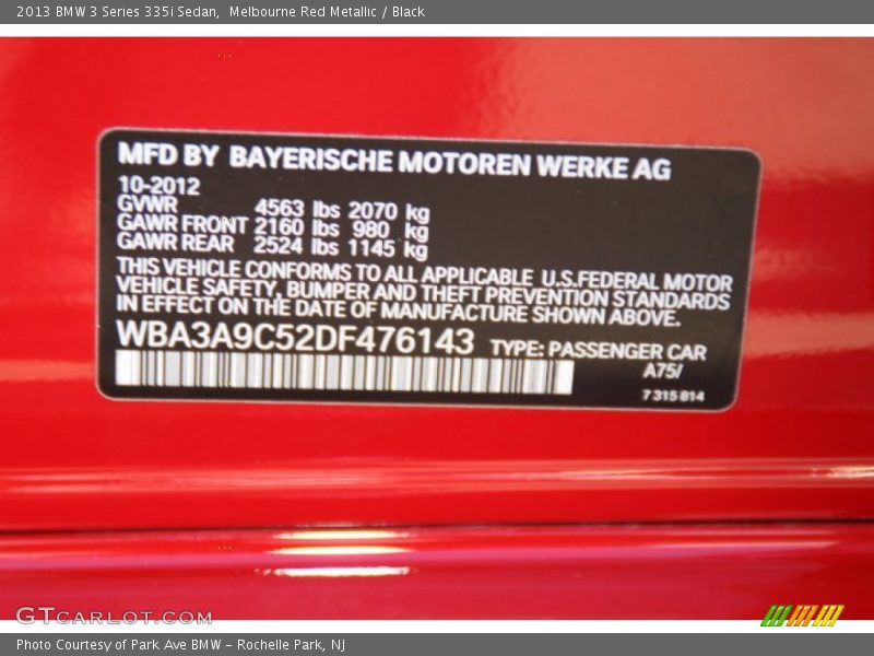 Melbourne Red Metallic / Black 2013 BMW 3 Series 335i Sedan