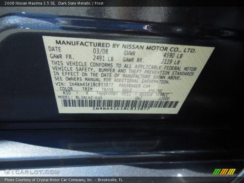 Dark Slate Metallic / Frost 2008 Nissan Maxima 3.5 SE