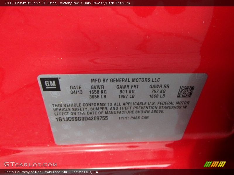 Victory Red / Dark Pewter/Dark Titanium 2013 Chevrolet Sonic LT Hatch