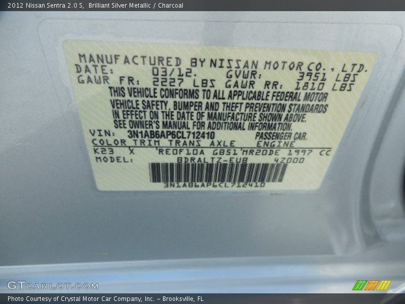 Brilliant Silver Metallic / Charcoal 2012 Nissan Sentra 2.0 S