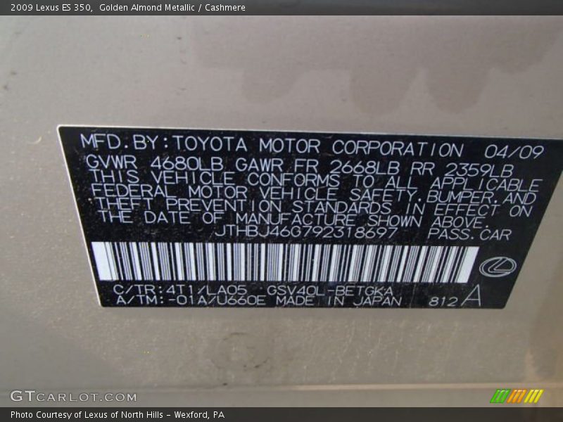 2009 ES 350 Golden Almond Metallic Color Code 4T1