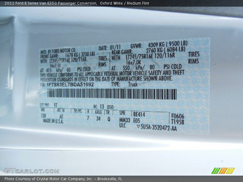 2011 E Series Van E350 Passenger Conversion Oxford White Color Code YZ