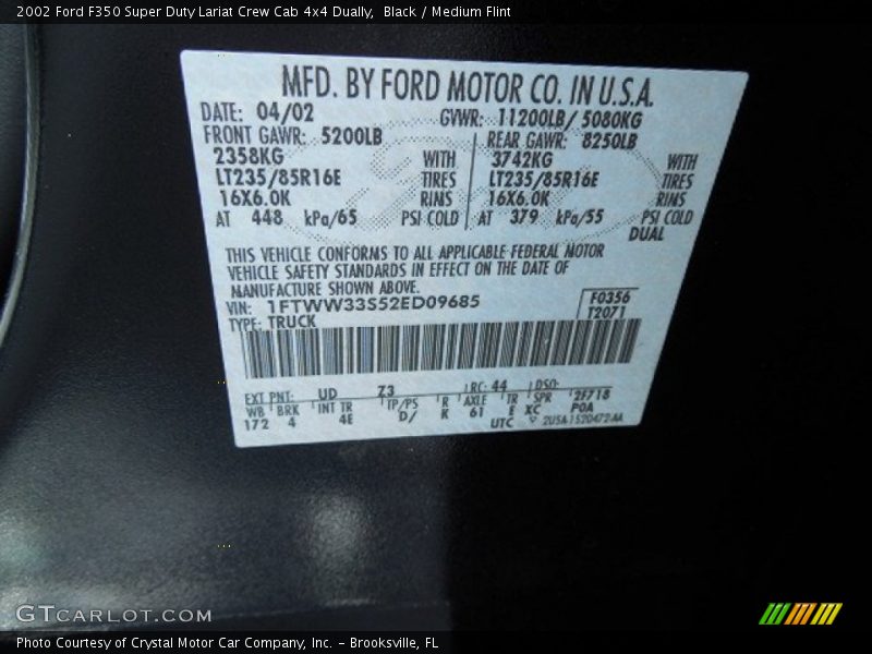 2002 F350 Super Duty Lariat Crew Cab 4x4 Dually Black Color Code UD