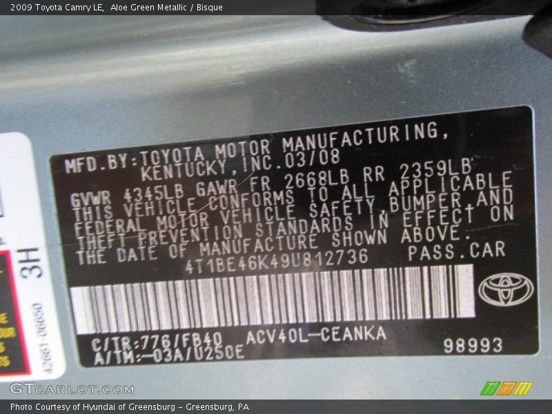 Aloe Green Metallic / Bisque 2009 Toyota Camry LE