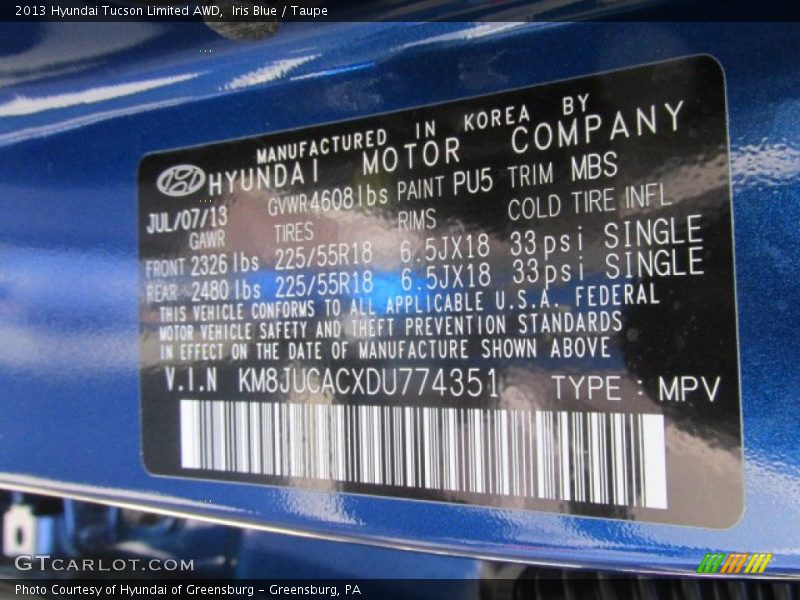 Iris Blue / Taupe 2013 Hyundai Tucson Limited AWD