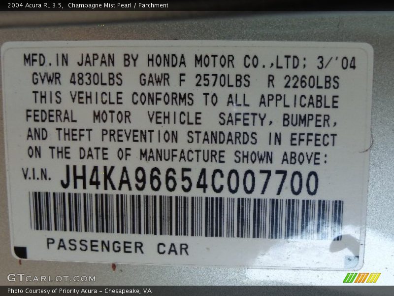 Champagne Mist Pearl / Parchment 2004 Acura RL 3.5