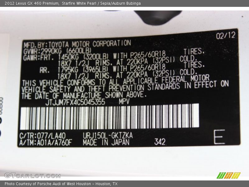 2012 GX 460 Premium Starfire White Pearl Color Code 077